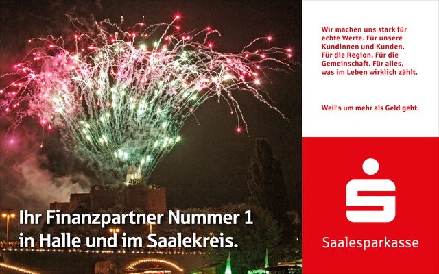 Bild zeigt Feuerwerk am Nachthimmel mit dem Text „Ihr Finanzpartner Nummer 1 in Halle und im Saalekreis“ sowie dem Logo der Saalesparkasse.