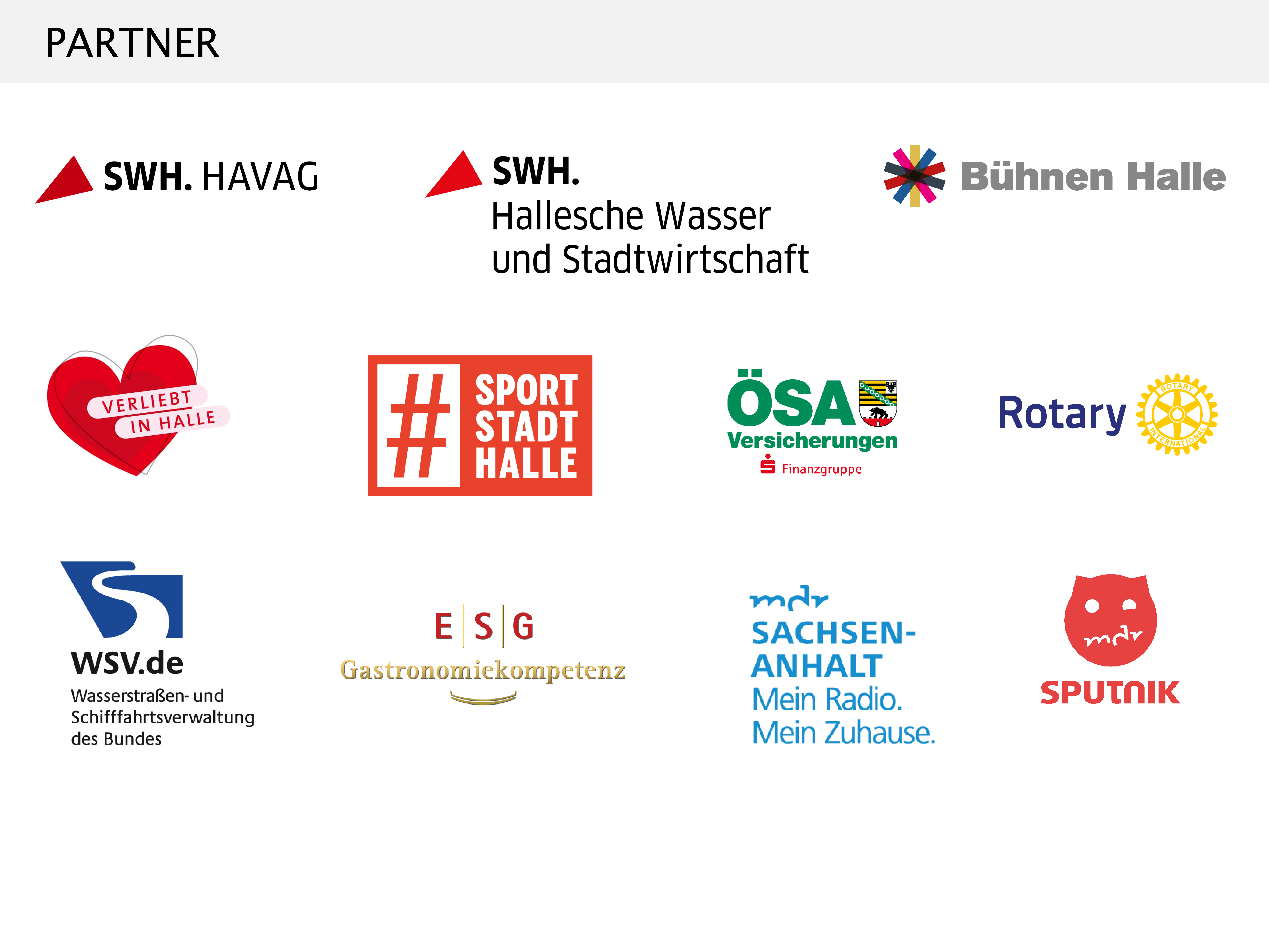 Logo-Sammlung von Partnern: SWH Havag, Sächsische Wasser und Stadtwirtschaft, Bühnen Halle, Herz für Kinder, Sportstadt Leipzig, ÖSA, Rotary, WSTS, ESG, Sachsen Radio, Mein Radio, Mein Schiff, Sputnik.
